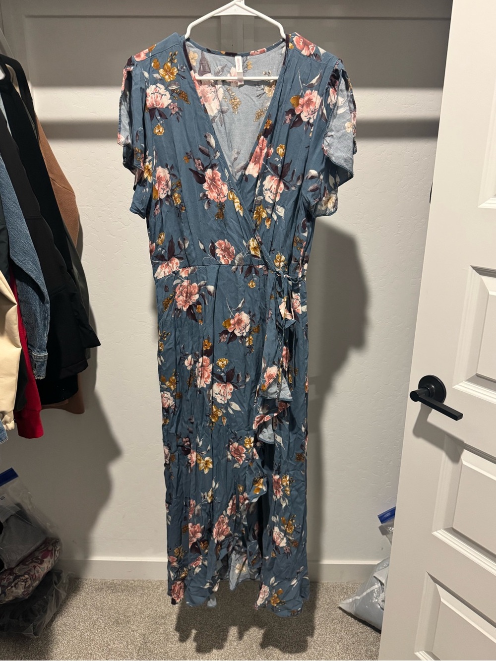 Xhilaration dusty blue floral wrap maxi dress